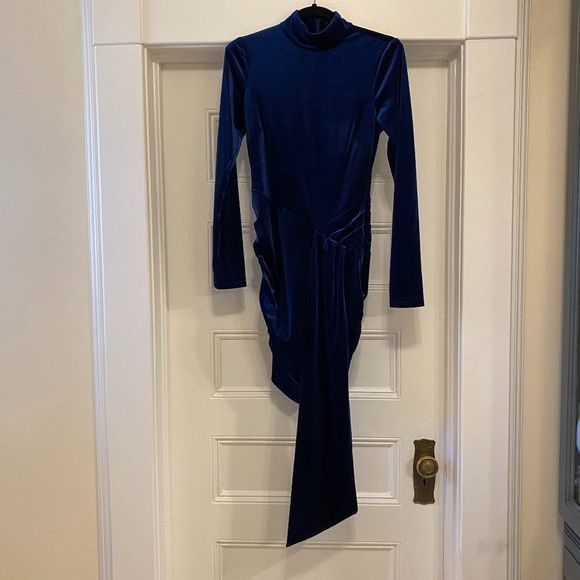 Ronny Kobo Marlinna Blue Velvet Long Sleeve Mock Neck Mini Dress - Size Small - Picture 5 of 11